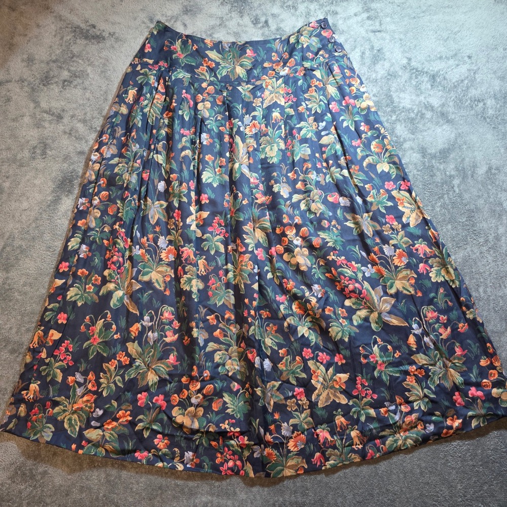 Vintage Maxi Skirt Womens Size 14 Herman Geist Navy Floral High Waist Pleated